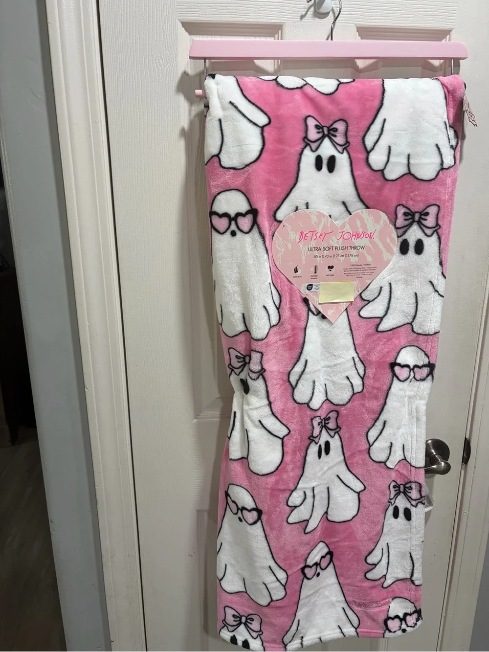 Betsey Johnson Pink & White Ghost Plush Throw Blanket